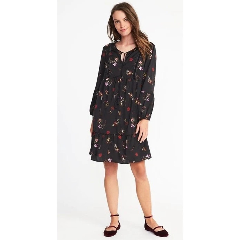 Old Navy Black Floral Velvet Trim Long Sleeve Tiered Swing Dress New With Tag XL